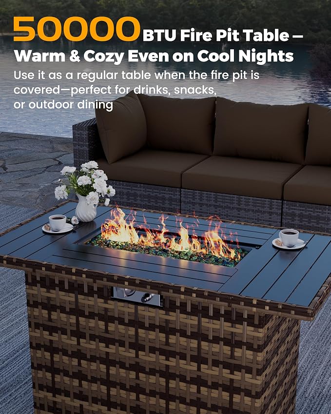 UDPATIO Furniture Set with Fire Pit Table, 8 Piece Sectional Sofas, All-Weather Wicker Conversation for Garden, Backyard, Yellow/Brown