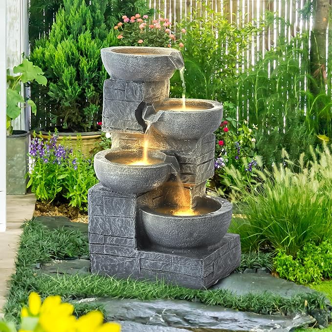 Outdoor Water Fountains with Cascading Bowls, 4-Tiers Fountains and Waterfalls w/LED Lights,Indoor Morden Floor Standing Resin Water Feature for Garden Patio Backyard Home Decor (Light Grey)