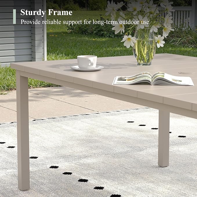 Outdoor Dining Set for 6, 63" Outdoor Dining Table with Umbrella Hole and Padded Textilene Patio Swivel Chairs, 7 Pieces Patio Table and Chairs Set for Garden Backyard, Sandshell
