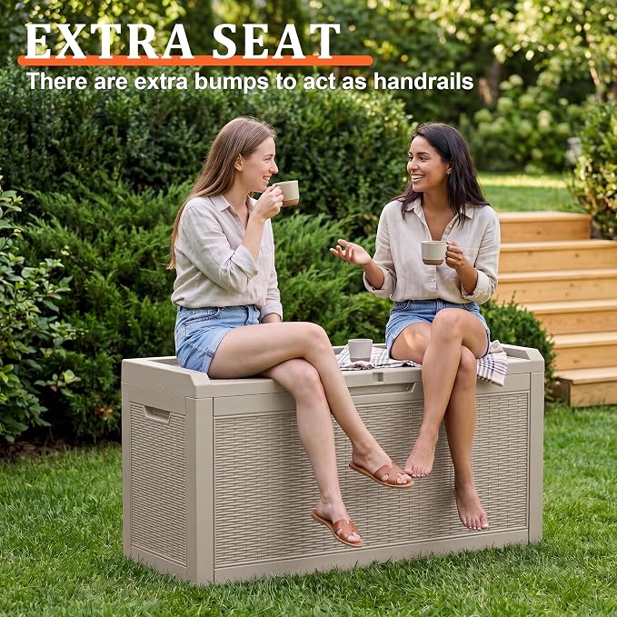 EasyUp 70 Gallon Deck Boxes Outdoor Waterproof, Resin Outside Storage Box for Patio Cushion Furniture Pool Accessories Garden Tools Indoor Outdoor Storage Bench (70 Gallon, Grey)
