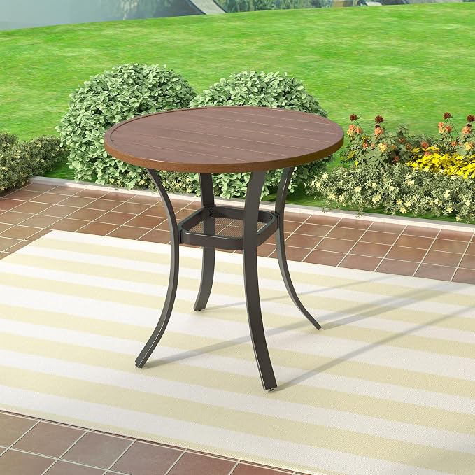 Outdoor Dining Table,27.5" Round Patio Table for Lawn Garden Backyard,All Weather Metal Frame,Brown