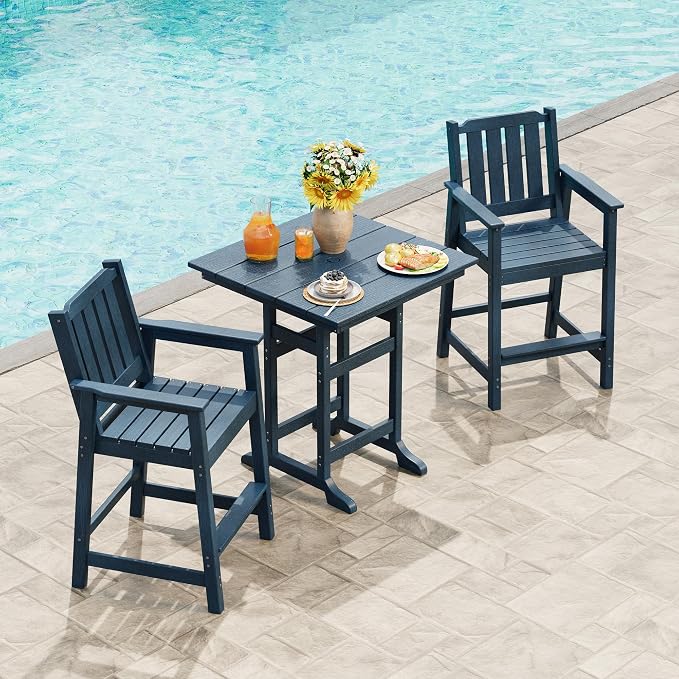 GarveeLife Outdoor Counter Height Bar Dining Table, HDPE Wood Grain Tall Bar Table – 39.6" High Square Pub Table, Cocktail Bistro Table Fits, for Patio, Garden, Poolside, Balcony & Yard (Navy Blue)