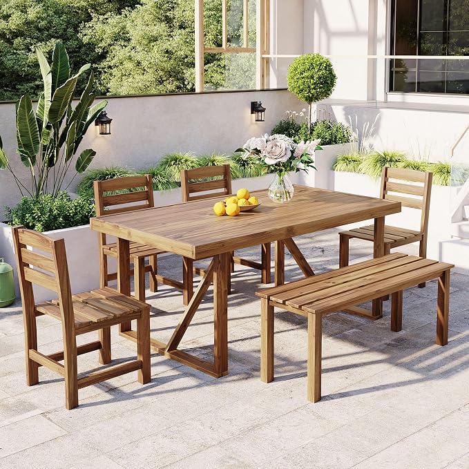 6 Piece Patio Dining Set with Dining Table and Chairs Set, Wood Outdoor Table with Bench, Rectangular Table Set for Balcony and Backyard (Natural Wood)