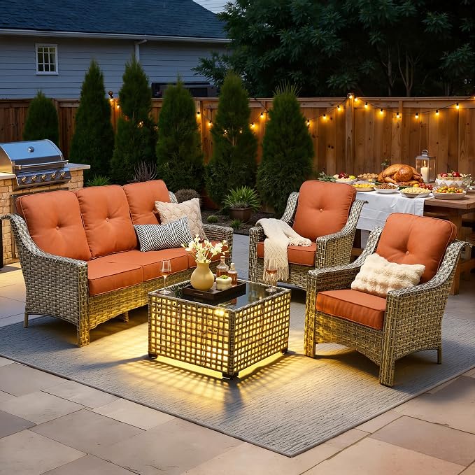4 Piece Outdoor Patio Furniture Set, All Weather Waterproof Wicker High Back Conversation Set, Two Single Chairs, Solar Light Coffee Table, Outside Furniture for Porch Balcony, Orange