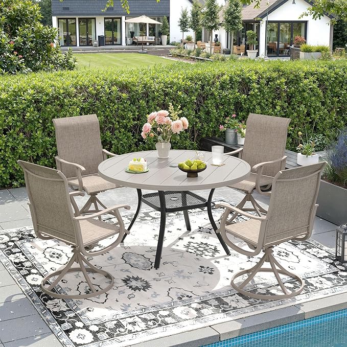 DIFY Outdoor Dining Set for 4, 5 Piece Patio Table and Chairs Set, Swivel Patio Chairs with Sandshell Textilene & 40.6" Grey Wood-Like Round Metal Dining Table with Umbrella Hole, for Garden Backyard
