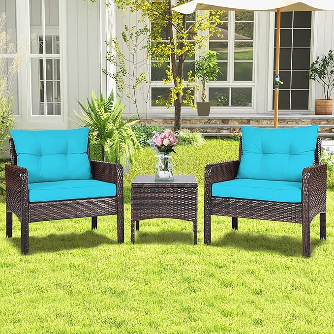 ORALNER 3-Piece Patio Conversation Set, All-Weather Wicker Sofa Chair and Coffee Table Set with Thick Cushions, Outdoor Furniture, Rattan Bistro Set for Balcony Deck Porch Poolside Garden (Turquoise)