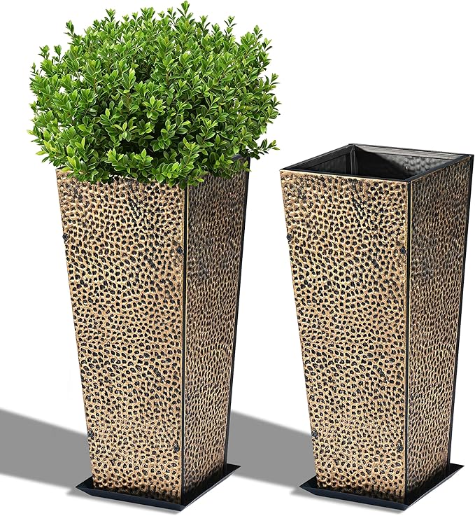 BAYN 2-Pack 24" Tall Metal Planter – Hand-Hammered Textured Large Copper Flower Pots Box with Saucer for Outdoor&Indoor, Garden, Porch, Patio, Yard with Pre-Drilled Drainage Holes