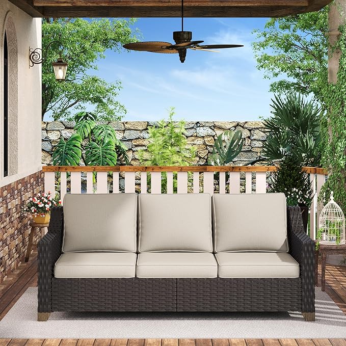 77'' Patio Sofa, All Weather Outdoor Rattan Wicker 3-Seat Sofa High Back Couch with Premium Cushions for Garden Backyard Porch(Brown/Beige)