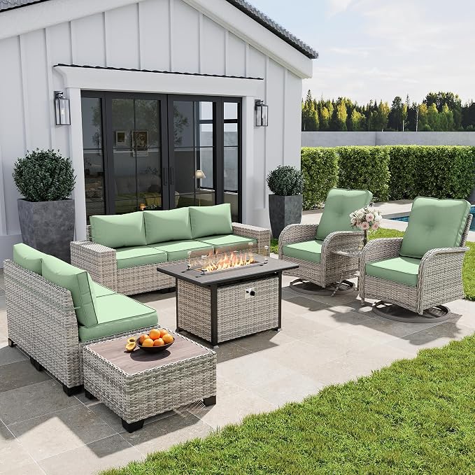 10-Piece Outdoor Patio Furniture Set with Rocking Swivel Chair, PE Wicker Rattan Sectional Sofa Patio Conversation Set with 55,000 BTU Fire Pit Table & Chunky Arms, Light Green