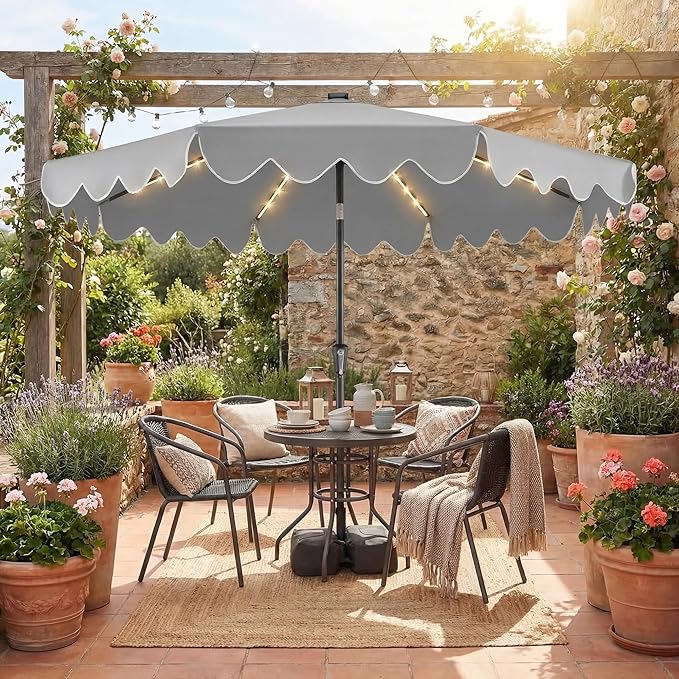 Happygrill 9FT Solar Patio Umbrella, Outdoor Market Table Umbrella with 32 LED Lights, Weighed Base, 2 Sandbags, Tilt & Crank, 8 Ribs, Fabric Canopy Sunshade, Vented Top for Garden Deck Pool Backyard (Gray)