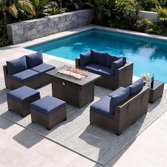Outdoor Patio Furniture Set, 10 Pieces Outdoor Sectional Furniture with Fire Pit Table, All-Weather PE Rattan Patio Conversation Set with Two Ottomans, Coffee Table for Garden, Deck (Navy Blue)
