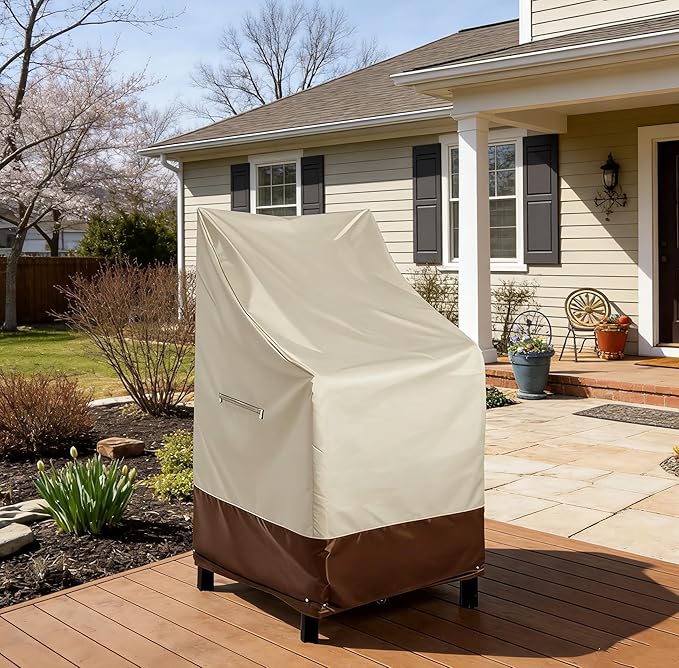 RosieLily Patio Chair Covers High Back Outdoor Chair Cover Waterproof Stackable Outdoor Bar Stool Cover Heavy Duty Patio Furniture Covers Outside, 1 Pack-Beige Brown 28.35"W x 36.22"D x 47.24"H