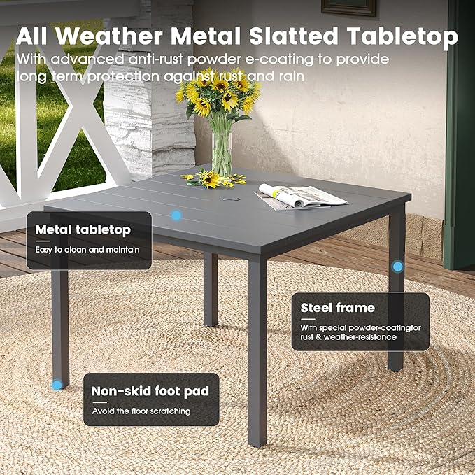 DIFY 5 Pieces Outdoor Dining Table Chair Set, Patio Dining Set with 1 Grey Metal Square Table with Umbrella Hole & 4 Grey Stackable Curved Armrests Chairs for Lawn, Garden, Porch