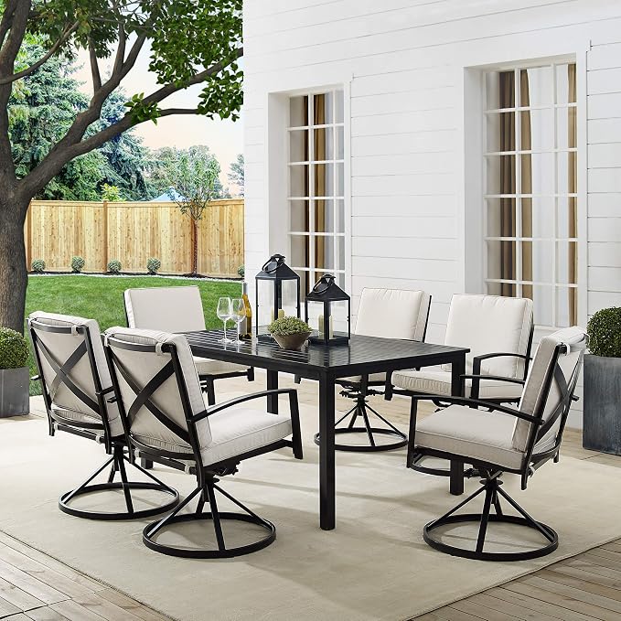 Crosley Furniture Kaplan 7-Piece Outdoor Dining Set for 6, Patio Table and Chairs for Backyard, Deck, Oiled Bronze with Oatmeal Cushions