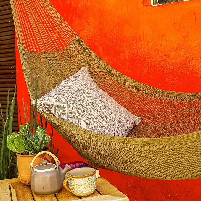 NOVICA Handcrafted Olive Cotton Rope Hammock - 146" L Hanging Hammocks for Indoor/Outdoor Camping and Relaxation, (Single) 'Uxmal Olive'