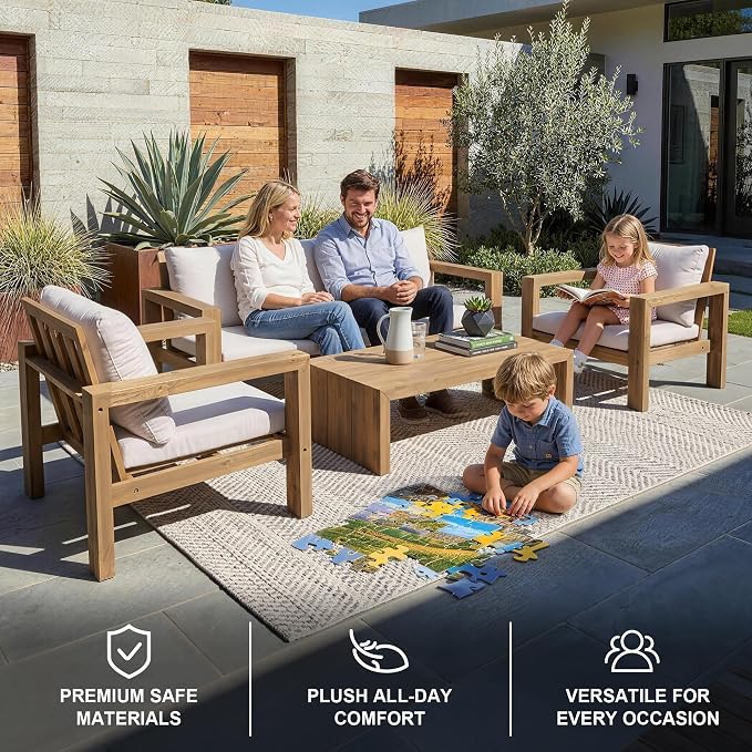4 Pieces Patio Sofa Set Outdoor Seating Group 5-Person Sofa Set Outdoor Conversation Set with Cushions and a Coffee Table for Garden, Backyard,Balcony,Poolside (Light Teak#50)