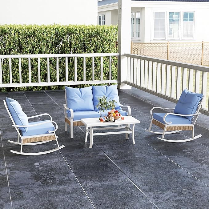 Outsunny 4 Piece Patio Furniture Set for Backyard, Lawn and Pool, Outdoor Conversation Set with Loveseat Sofa, Rocking Chairs, Coffee Table, Light Blue