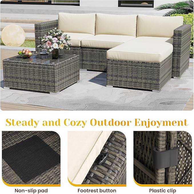5 Piece Outdoor Patio Sectional Furniture Set, Weather Resistant Rattan Outside Couch, Waterproof Conversation Sofa for Balcony, Porch, Backyard, Deck, Garden,Beige