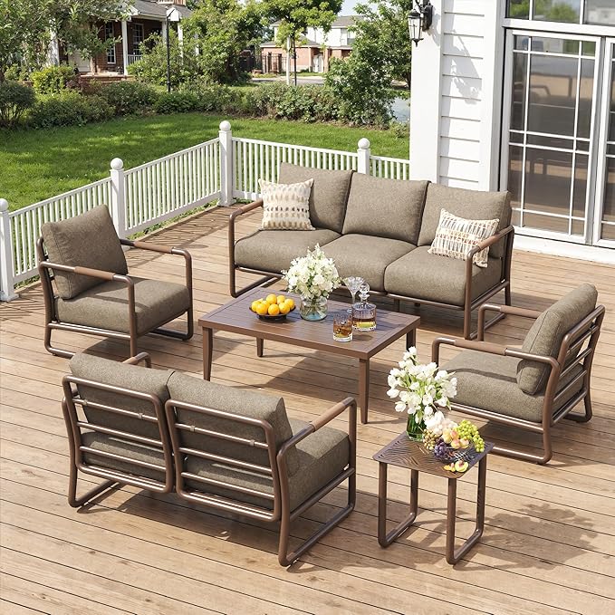Aluminum Outdoor Patio Furniture Set, 6-Piece Conversation Sofa Set with Coffee Table, Thick Cushions & All-Weather Aluminum Frame, Modern Garden Seating for Backyard, Poolside, or Porch – Brown