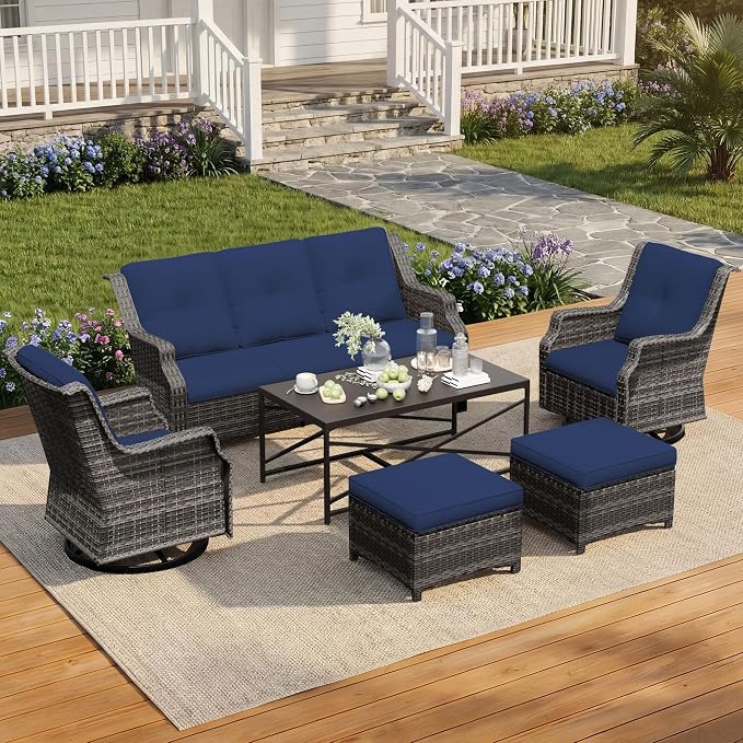 6 Pieces Patio Furniture Set, Outdoor Furniture Set with 2 Patio Swivel Rocking Chairs, 2 Ottoman, 1 Outdoor Wicker Sofa, 1 Metal Table, Ideal for Backyard, Garden, Poolside, Blue