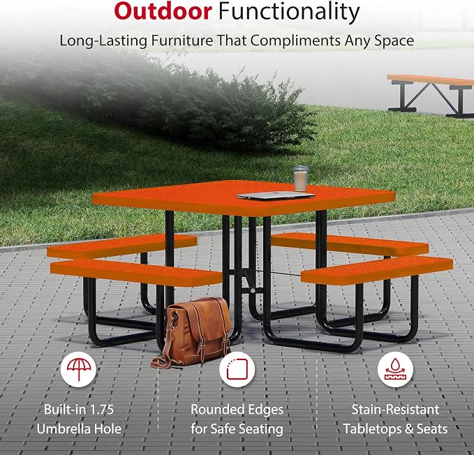 Leisure Craft Metal Picnic Table with Bench - 46" Square Outdoor Dining Table for 8 with Umbrella Hole, Weatherproof Heavy Duty Thermoplastic Coating, Commercial Grade Furniture Made in USA - Orange