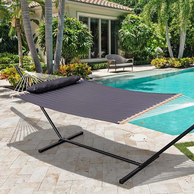 Lazy Daze Quilted Fabric Hammock with 12-Foot Stand, Double 2-Person Hammock with Pillow for Outdoor Outside Patio, Garden, Backyard, 450LB Capacity, Gray
