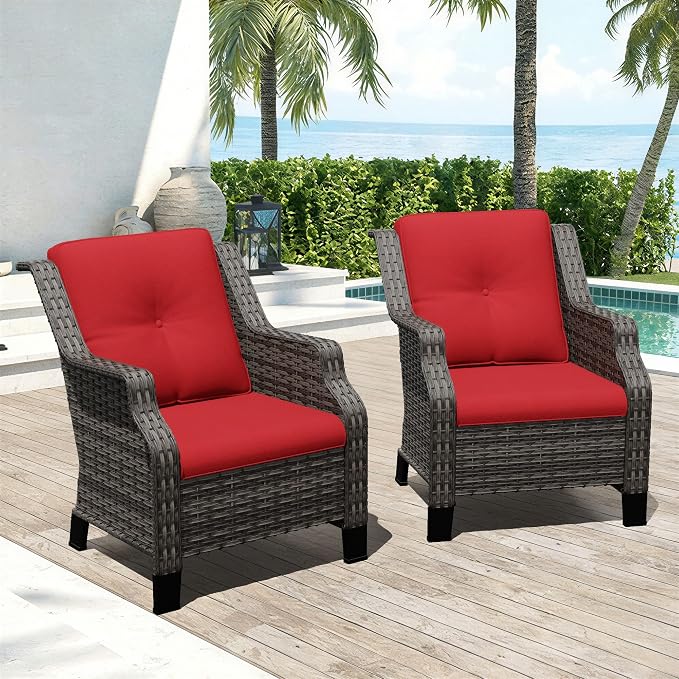 Outdoor Patio Chairs Set of 2, Wicker Patio Furniture with Thick Cushions, Curved Armrest, Deep Seating, Rattan Outdoor Chairs for Porch, Deck, Balcony