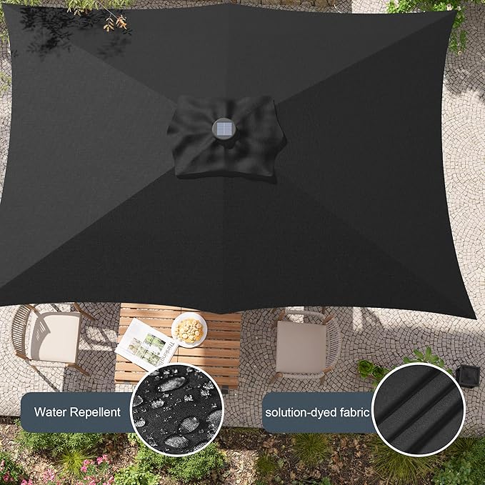Rectangle Patio Umbrella with Solar Lights, 6x9ft Outdoor Rectangular Table Market Umbrella Patio with Push Button Tilt and Crank for Pool, Deck, Garden,Backyard