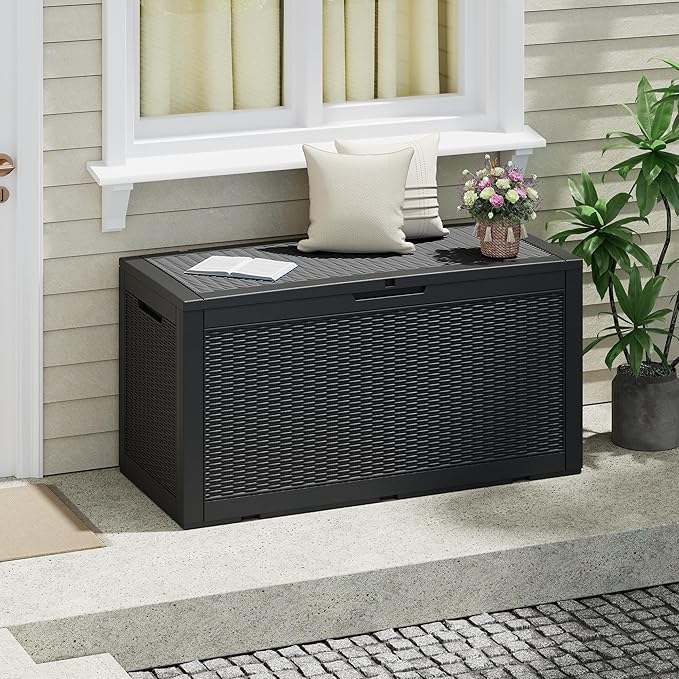 NUNU LAB 100 Gallon Large Waterproof Resin Deck Box, Lockable Outdoor Storage Box with Gas Lift, Patio Cushions, Garden Tools, Pool Supplies, Indoor Outdoor Storage Container, Black