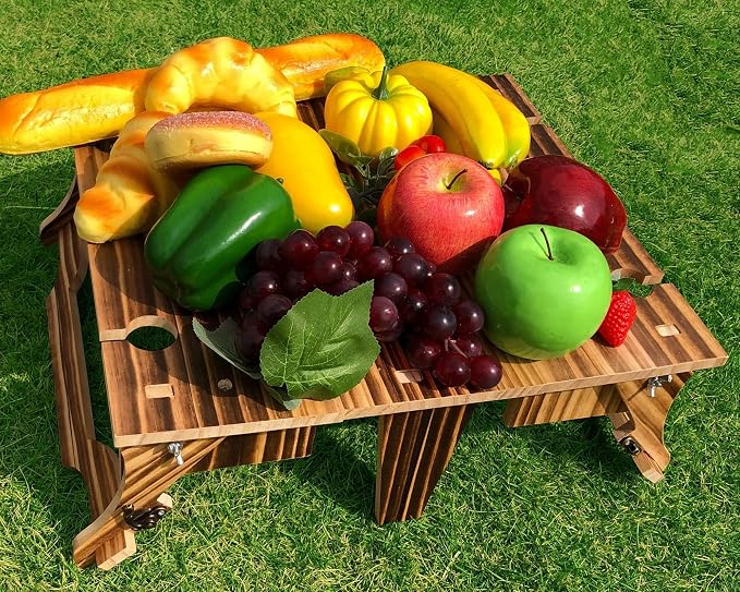 Wooden Folding Picnic Table with Storage Basket - 2-in-1 Portable Outdoor Table with Wine Glass Holder, Ideal for Champagne, Snacks and Beach or Park Picnics (Vintage)