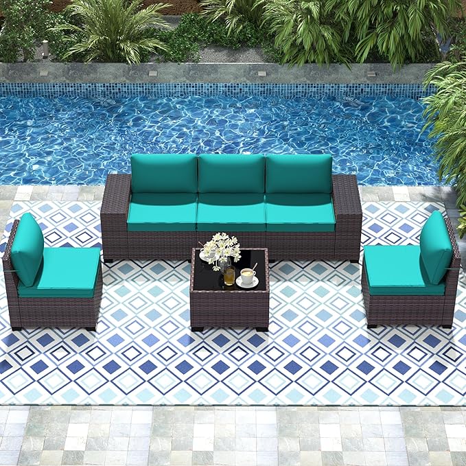 Patio Furniture Set 6 Pieces Outdoor Sectional Sofa Set,PE Rattan Wicker Patio Conversation Set with Thickened Cushions and Glass Coffee Table,Blue