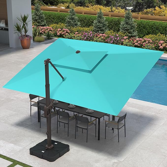 9 X 12 FT Cantilever Patio Umbrella with Led Lights and Base Included Outdoor Heavy Duty Double Top Rectangle Offset Umbrellas with 360-degree Rotation for Pool Deck Backyard, Turquoise