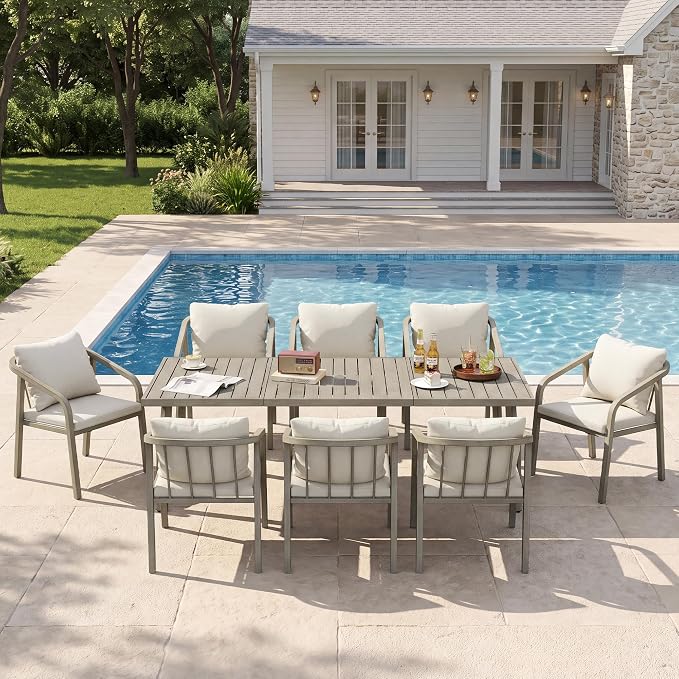 Outdoor Dining Set,9-Piece Patio Dining Table Set for 8 with Rectangular Table & 8 Thick Cushion Sofa Chair, Aluminum All-Weather Patio Furniture Set for Backyard, Garden and Poolside (Grey)