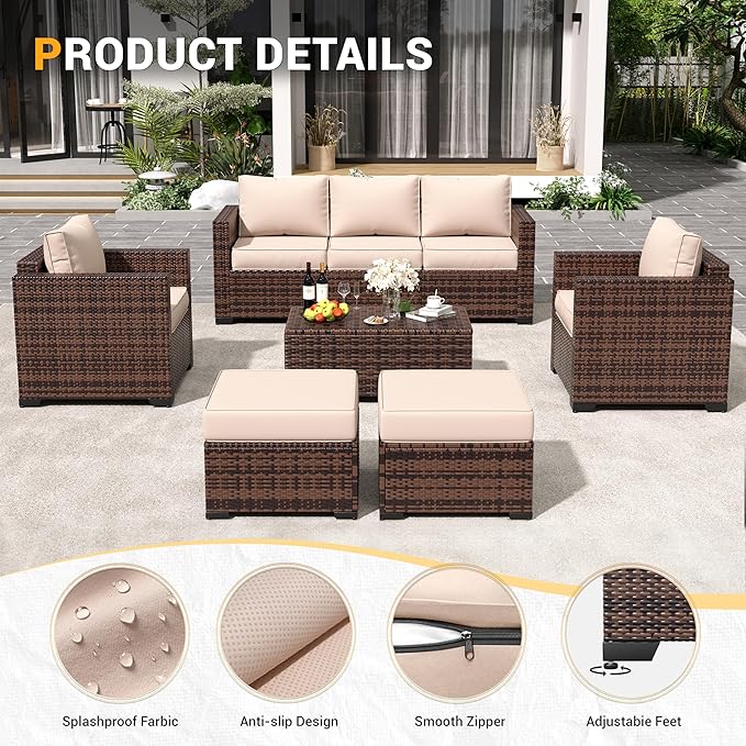 Amopatio Patio Furniture Set, Outdoor Furniture Wicker Rattan Sofa, Outdoor Sectional Set with Ottomans, Patio Conversation Set for Backyard (Khaki)