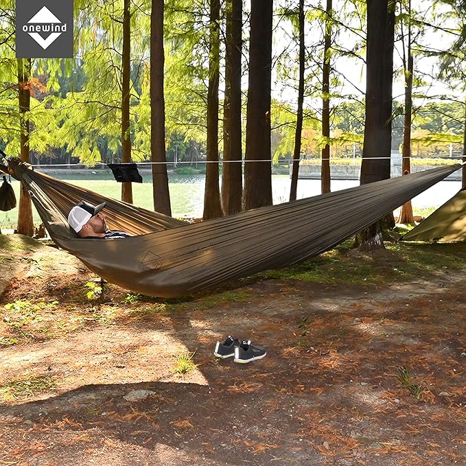 Onewind Camping Hammock, Ultralight Portable Hammock with Adjustable Ridgeline, Outdoor Hammock 20D Ripstop Nylon with 2 * 12Ft Tree Strap, Ideal for Camping, Hiking, Backpacking