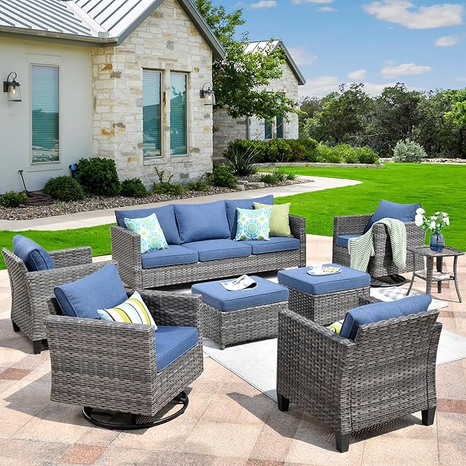 HOOOWOOO Wicker Patio Conversation Sets,8 Piece Outdoor Furniture Set with Swivel Rocking Chairs,All Weather Resistant Modern Outside Out Door Rattan Couch Chairs Side Table Set,Denim Blue