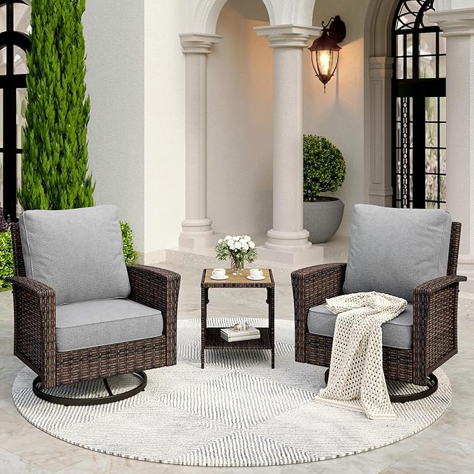 Patio Wicker Swivel Chairs Set of 2, Outdoor High Back Chairs with 5.5" Waterproof Cushions and Side Table, Outdoor Furniture Set for Deck Porch and Yard, Light Grey