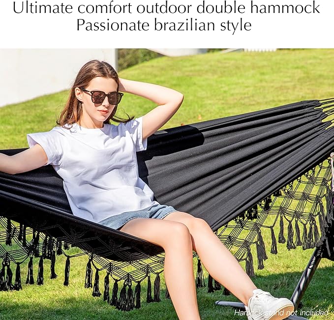 PNAEUT Double Hammocks for Outside, Replacement 2 Person Outdoor Tree Hammock for Indoor Patio Porch Garden (Tassel Black, Medium)