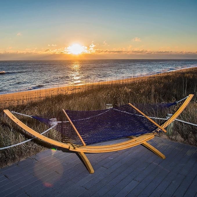 Nags Head Hammocks Admiral Navy DURACORD Rope Hammock – 13 ft. x 65 in., 2-Person, 450 lb Capacity, Cumaru Spreader Bar, Free Chains & Tree Hooks, Handcrafted in The USA