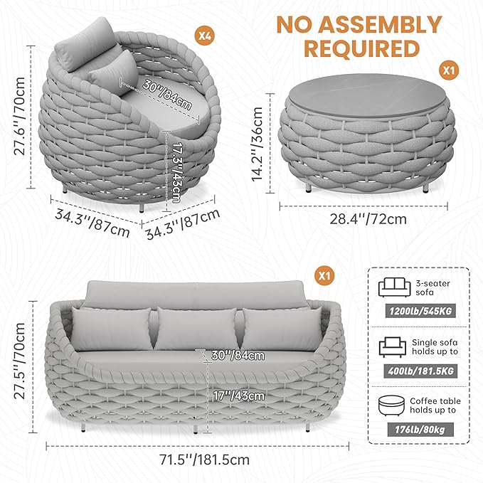 Aluminum Rope Patio Furniture Set: 6 Pieces Assembled Outdoor Conversation Sofa Set for 7 - Modern Metal Couch Set Cushioned - All Weather Porch Seating for Deck Garden Pool Lanai Hotel, Gray