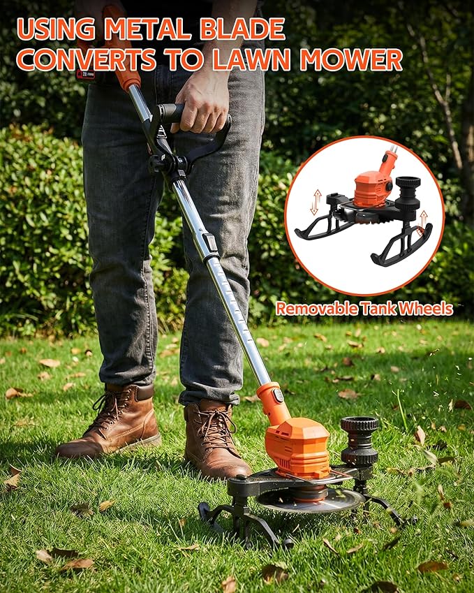 21V Electric Weed Wacker, 3 in 1 Lightweight Cordless Weed Eater, Grass Weed Trimmer/Edger/Lawn Mower/Brush Cutter with 2 x 2.0Ah Batteries and 3 Types Blade for Garden and Yard
