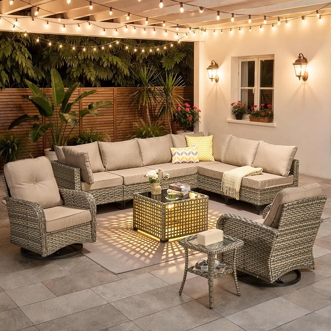 10 Pieces Patio Furniture Set, Outdoor Conversation Set with 360°Swivel Rocker Chairs, Wicker Sectional Sofa & Solar Coffee Table, High Back Outdoor Furniture L Shaped Couch for Porch Deck,Light Gray