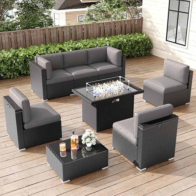 LayinSun 8 Pieces Patio Furniture Set with Fire Pit Table, Black Rattan Modular Sectional Patio Conversation Sofa Set