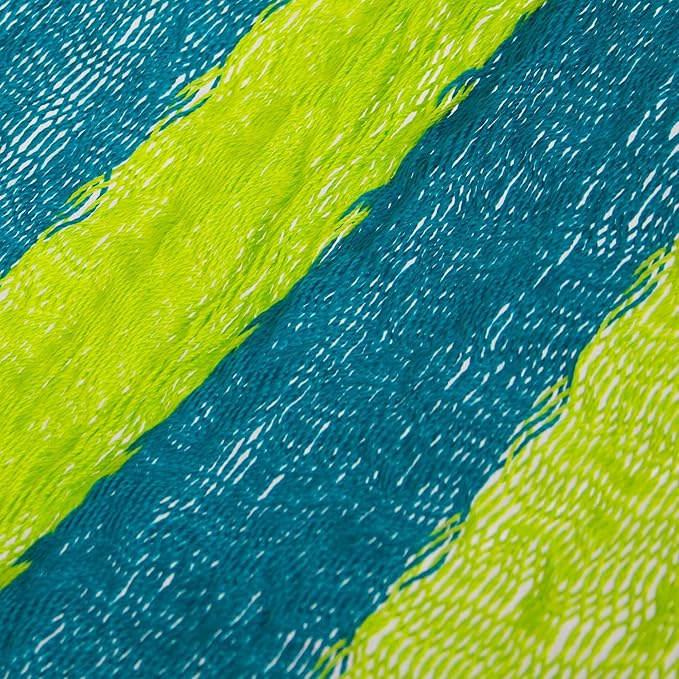 NOVICA Bright Yellow Turquoise Blue Striped Hand Woven Nylon Mayan 1 Person Rope Hammock with Hanging Accessories, 'Fluorescent Tropics' (Single)