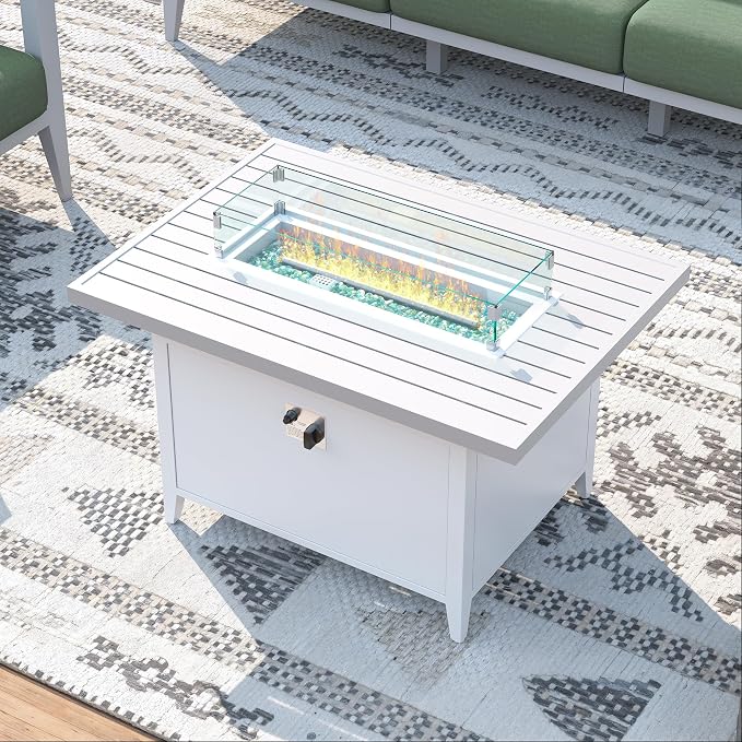Aluminum Patio Furniture Set with Oversized Fire Pit Table, 9-Piece All-Weather Outdoor Conversation Set with Swivel Rocking Chairs, Oversized Modern Sofa for Backyard,Deck,Balcony–White