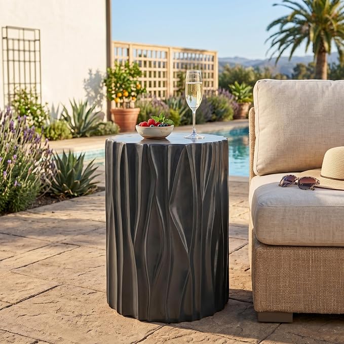 Black Side Table Wave Textured MGO Cylindrical Accnet End Table, Indoor & Outdoor Multi-Use Stool Table for Living Room Patio Balcony