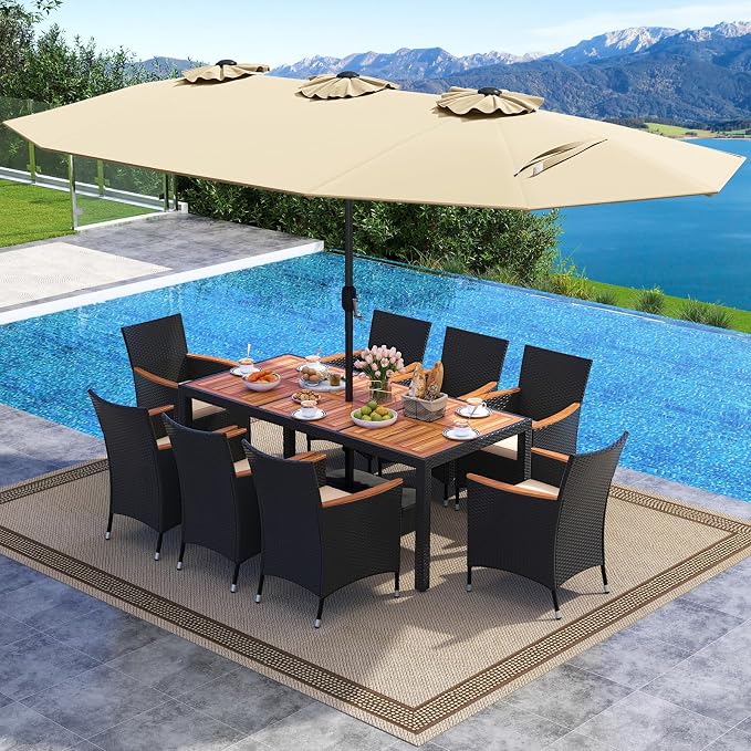 Tangkula 11 Piece Patio Wicker Dining Set w/Double-Sided Patio Umbrella, 8 Stackable Cushioned Chairs, 71" Acacia Wood Dining Table & 15 ft Umbrella with Weighted Base (Beige + Off White)