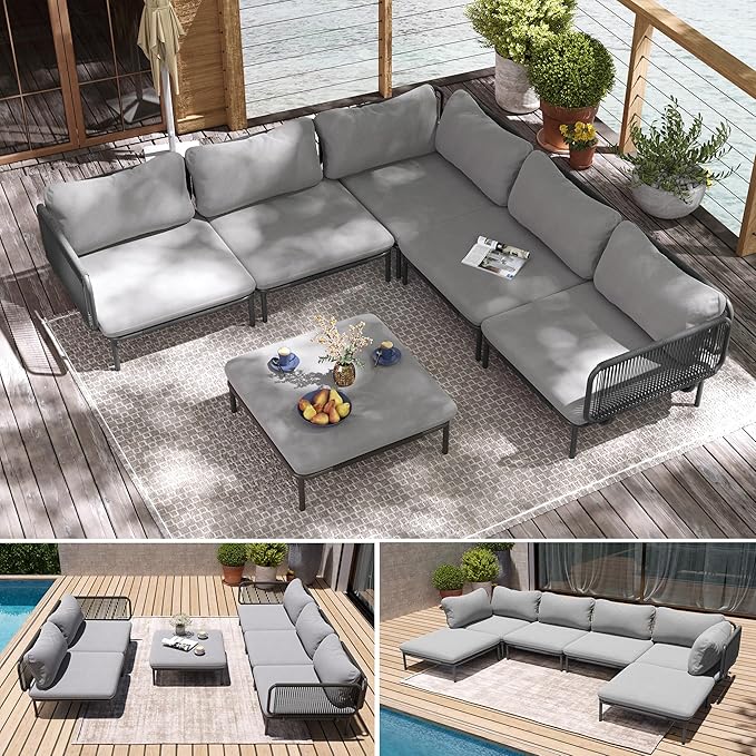 6 Piece Modern Outdoor Sectional Sofa, 31" Oversized Patio Furniture Set with Olefin Woven Rope, Weather-Resistant Metal Frame and Removable Cushion, Dark Grey