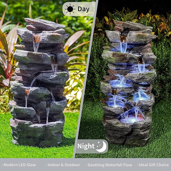 Rock Waterfall Outdoor Fountain with LED Lights Tiered Resin Stone Garden Fountains Outdoor Decor for Patio Lawn Backyard Cascading Tiered Outdoor Water Fountain