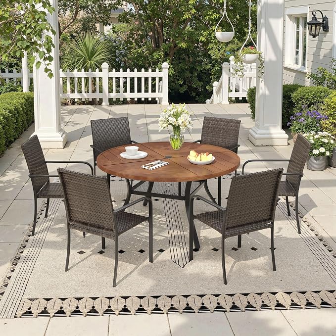 Outdoor Dining Set for 6, 47.3" Metal Round Outdoor Dining Table with Umbrella Hole and Wicker Stackable Patio Chairs, 7 Pieces Patio Table and Chairs Set for Garden Backyard, Walnut